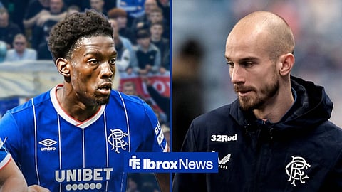 Amario Cozier-Duberry outside ibrox in a Rangers shirt and Vaclav Cerny in a Rangers training jacket