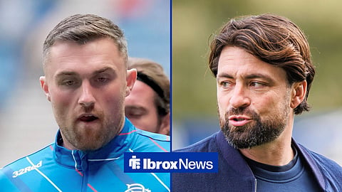 Split image of John Souttar warming up for Rangers and Russell Martin looking on