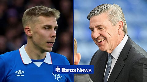 Split image of Oliver Antman looking on while playing for Rangers and Andrew Cavenagh smiling
