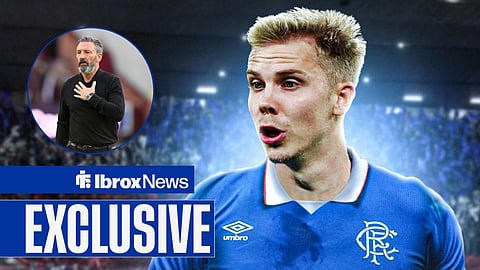 Oliver Antman looking left in Rangers kit with Derek McInnes in circular inset