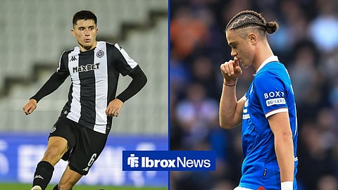 Vanja Dragojevic playing for Partizan, with Thelo Aasgaard in action for Rangers alongside him