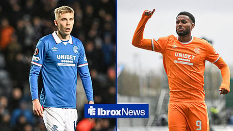 Oliver Antman playing for Rangers, with Youssef Chermiti also in Rangers action alongside him in a split image