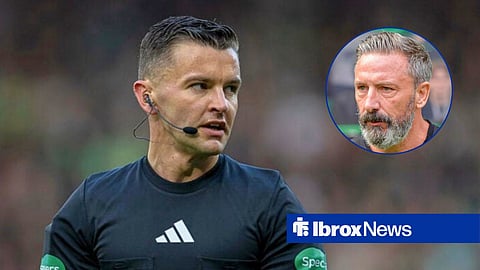 Main image of Nick Walsh refereeing a game and Rangers manager Derek McInnes' face in a circular inset on the right