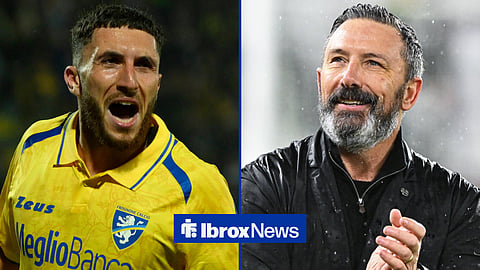 Fares Ghedjemis celebrating for Frosinone and Rangers manager Derek McInnes