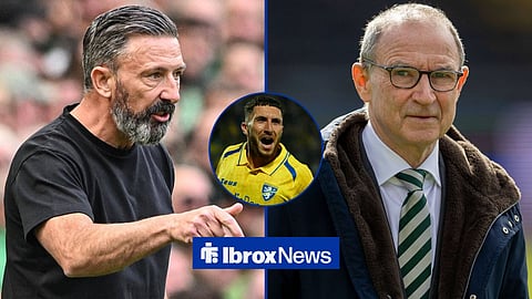 Rangers manager Derek McInnes and Celtic boss Martin O'Neill with Frosinone's Fares Ghedjemis in a circular inset