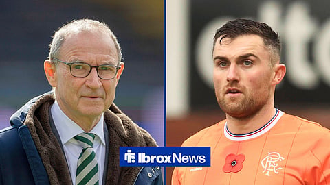 Split image of Martin O'Neill managing Celtic and John Souttar in action for Rangers