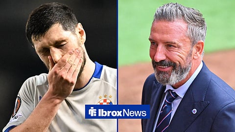 Split image of Scott McKenna with his hand over his mouth while playing for Dinamo Zagreb and Rangers manager Derek McInnes smiling as Rangers boss