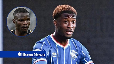 Main image of Emmanuel Fernandez looking annoyed while playing for Rangers and Olwethu Makhanya's face in a circular inset on the left 