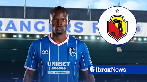 Olwethu Makhanya in a Rangers shirt, Jagiellonia badge in inset