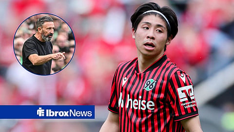 Derek McInnes pointing down in circular inset with Daiksuke Yokota looking disappointed in action for Hannover 96