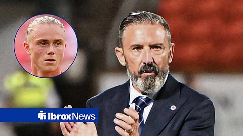 Main image of Rangers manager Derek McInnes and Thelo Aasgaard's face in a circular inset on the left