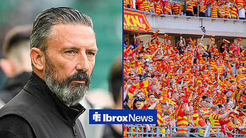 Split image of Rangers manager Derek McInnes and Jagiellonia fans waving their scarves