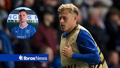 Connor Barron warming up for Rangers and Cammy Devlin outside Ibrox Stadium.