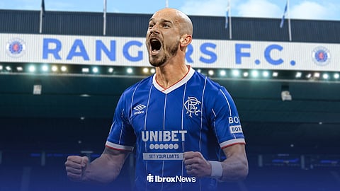 Graphic of Vaclav Cerny in a Rangers home kit celebrating with Ibrox in the background