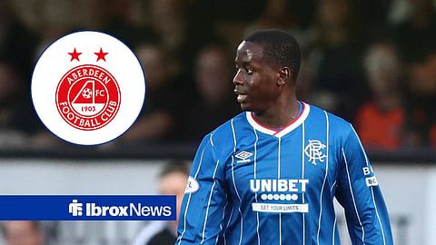 Djeidi Gassama in action for Rangers, Aberdeen badge in inset