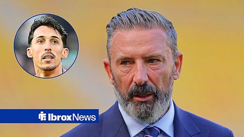Main image of Rangers boss Derek McInnes looking on and Bojan Miovski's face in a circular inset on the left