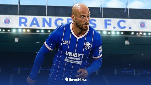 Graphic of Vaclav Cerny in a Rangers kit with Ibrox in the background