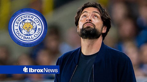 Russell Martin looking concerned alongside a circle inset of the Leicester City badge