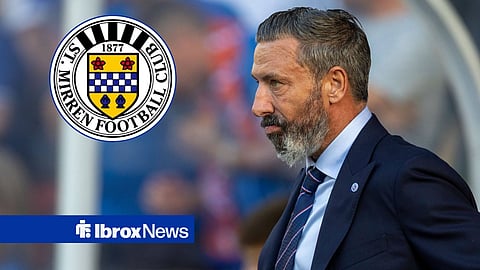 Rangers manager Derek McInnes and St Mirren's crest in a circular inset