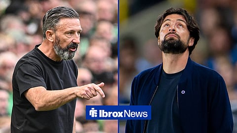 Rangers manager Derek McInnes and former Rangers manager Russell Martin in a side-by-side image.