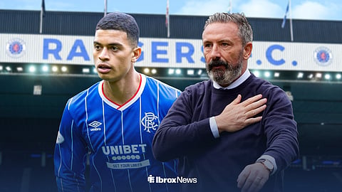 Kevin Kelsy looking forward in Rangers kit with Derek McInnes alongside him with hand on heart, ahead of Ibrox Stadium