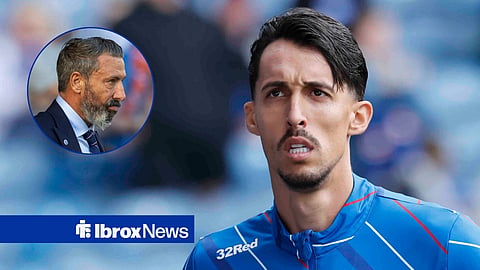 Bojan Miovski warming up for Rangers and Derek McInnes looking annoyed