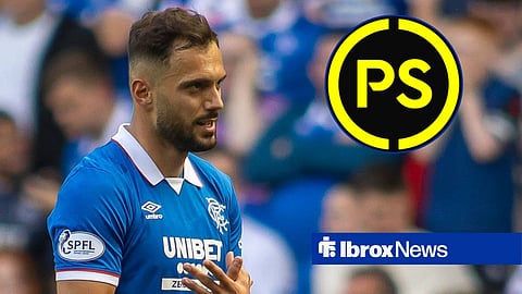 Nedim Bajrami in action for Rangers and Premier Sports logo in a circular inset