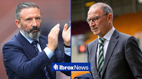 Derek McInnes applauding fans with Martin O'Neill looking glum