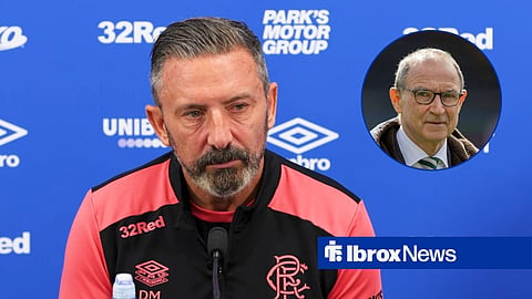 Derek McInnes speaking at a press conference, with Martin O'Neill in a circular frame inset