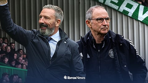 Graphic of Rangers manager Derek McInnes smiling next to Martin O'Neill with Parkhead in the background
