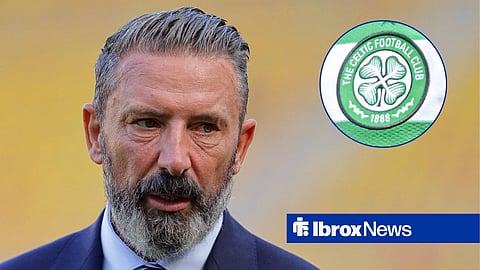 Rangers boss Derek McInnes, Celtic badge in inset