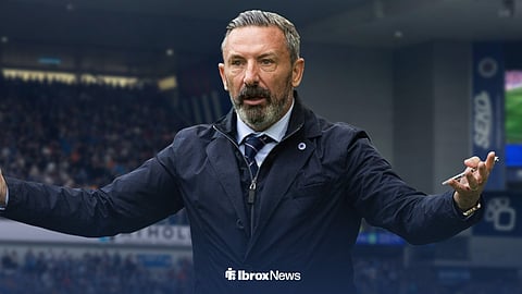 Derek McInnes angry with arms outstretched ahead of Ibrox