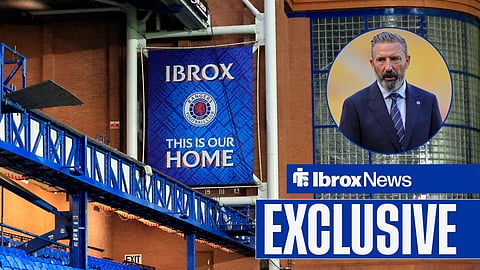 Derek McInnes in circular inset with Ibrox Stadium in image