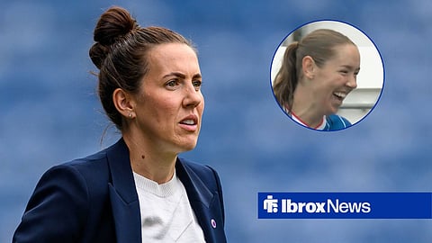 Leanne Crichton on Rangers touchline with Hannah Blake smiling after Rangers Women vs Celtic on 27 September