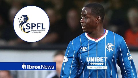 Djeidi Gassama in action for Rangers with SPFL logo in circular inset