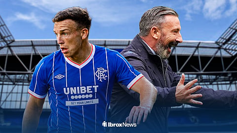 Lewis Ferguson in a Rangers shirt and Rangers manager Derek McInnes