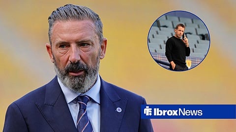 Derek McInnes looking left with Rangers suit on, Neil McCann on phone looking on at Hampden in circular inset