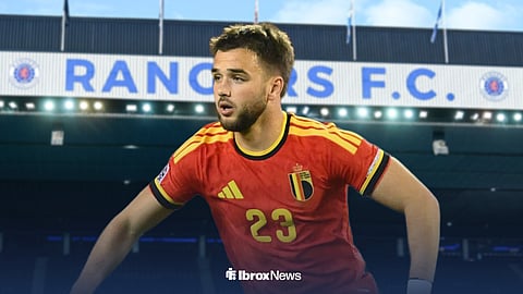 Nicolas Raskin in a Belgium kit ahead of Ibrox Stadium