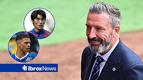 Rangers manager Derek McInnes with Rangers duo Kevin Kelsy and Minsu Kim in circular insets