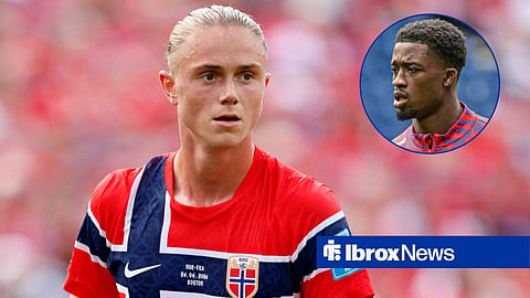 Thelo Aasgaard in action for Norway, with Rangers defender Emmanuel Fernandez in a circular frame inset