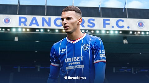 Graphic of Badredine Bouanani in a Rangers home kit with Ibrox in the background