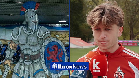 Rangers fans with a tifo at Ibrox and Mikey Moore being interviewed for FC Cologne