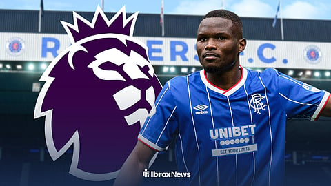Rangers' Olwethu Makhanya next to the Premier League logo with Ibrox in the background