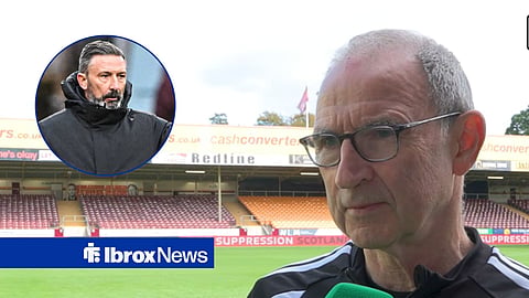 Martin O'Neill speaking in an interview, with Derek McInnes in a circular frame inset