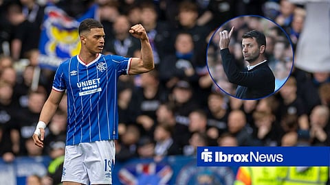 Kevin Kelsy celebrates Rangers goal with clenched fist as Tim Sherwood points up in circular inset