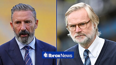 Derek McInnes and Steven Pressley both looking straight-faced slightly left in image split for Ibrox News