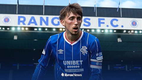 Graphic of Dan Neil in a Rangers kit with Ibrox in the background