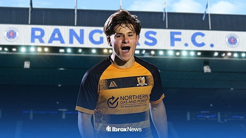 Graphic of Rangers talent Kyle Glasgow in an Alloa kit with Ibrox in the background