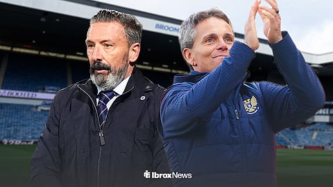 Derek McInnes alongside applauding Simo Valakari ahead of Ibrox Stadium