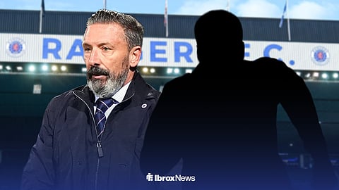 Rangers manager Derek McInnes with blank player silhouette and Ibrox background